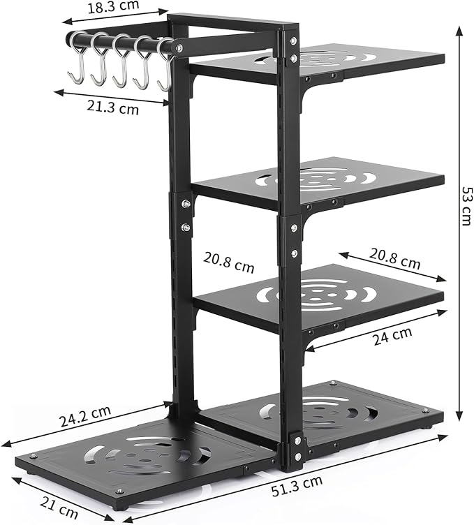 4-Tier Pot and Pan Organizer Rack, Adjustable Kitchen Cabinet Storage with Hooks, Black Metal, Space-Saving Cookware Holder