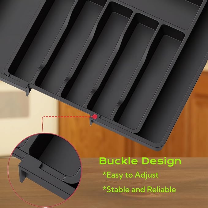 Iopsk Flatware Organizers - Kitchen Drawer Organizer for Utensils and Silverware Expandable Silverware Holder and Cutlery Tray Black Kitchen Decor and Accessories Large Storage Capacity