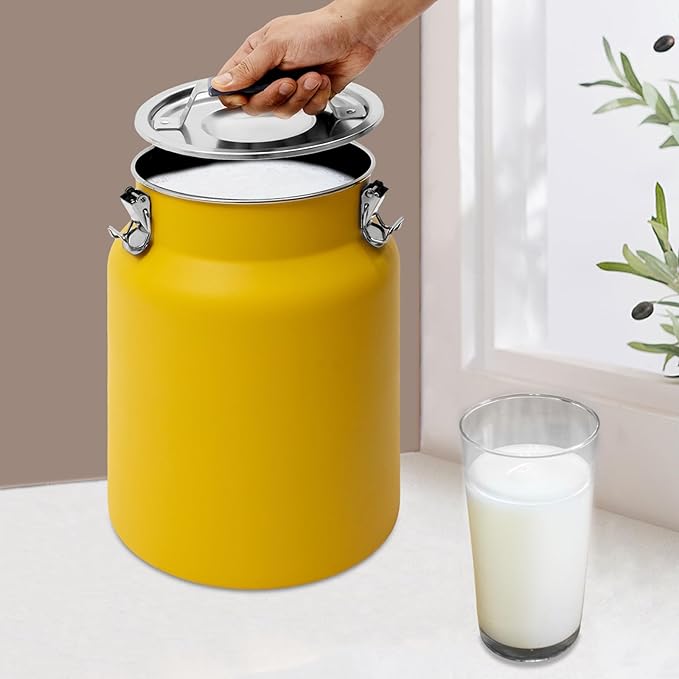 12L Stainless Steel Milk Jug with Sealed Lid and Thick Handle, 7.28in Milk Bucket, Rice Cereal Grain Storage Container for Storing Oil, Ghee, Wine, Tea, Grain, Nut, Snack, Pet Food (Yellow)