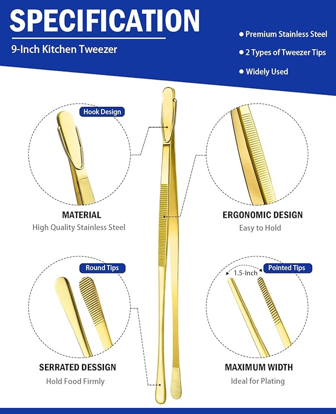 JETKONG 2 Pcs 9-Inch Cooking Tweezers Stainless Steel Food Tweezers Kitchen Tweezer Tongs (Gold)