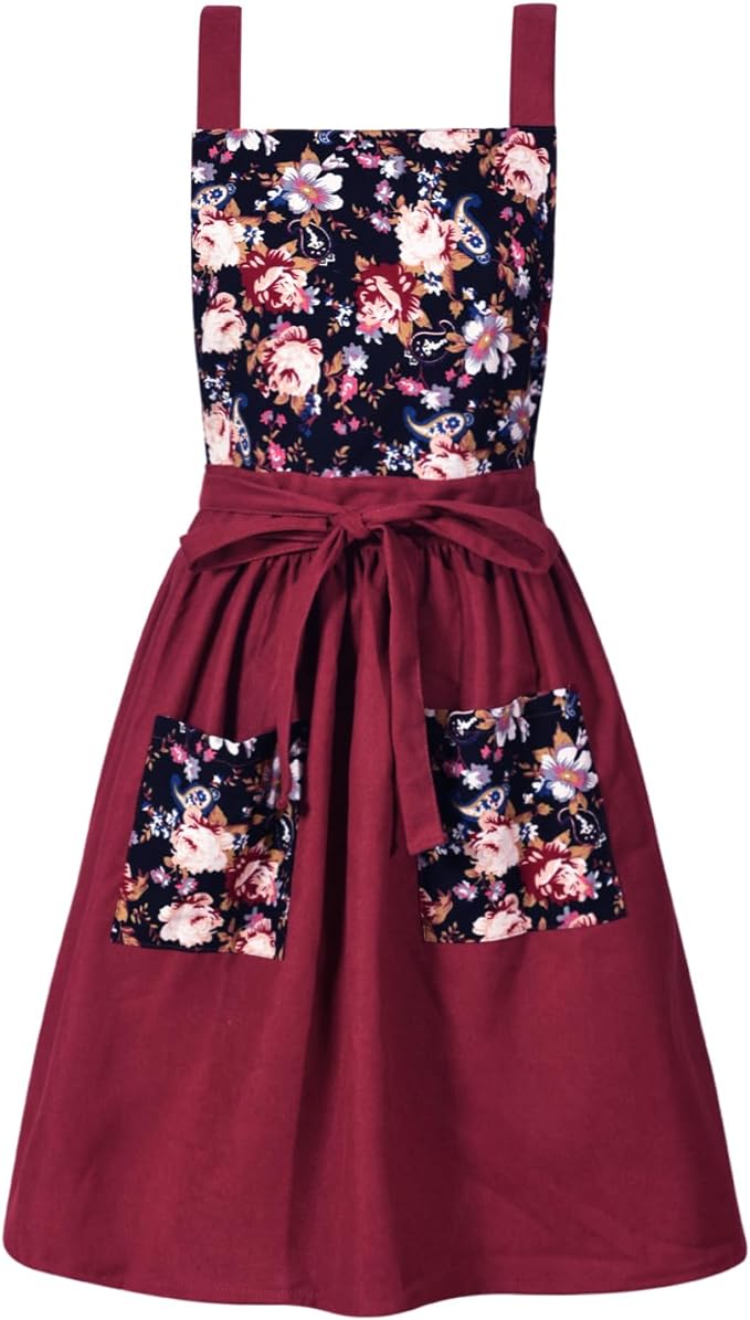 Pinknoke Vintage Pinafore Apron Dress for Women with Pockets Cute Floral Chef Aprons for Kitchen Cooking Baking Gardening