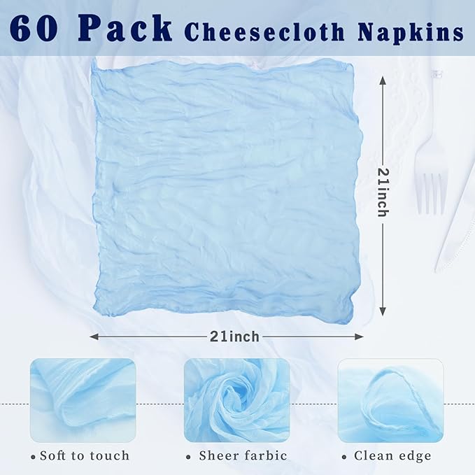 Baby Blue 60 Pack Cheesecloth Napkins Washable 21x21 Inches Baby Blue Cloth Napkins Set of 60 Bridal Baby Shower Dinner Table Napkins for Wedding Rustic Boho Cotton Gauze Summer Party Table Decor