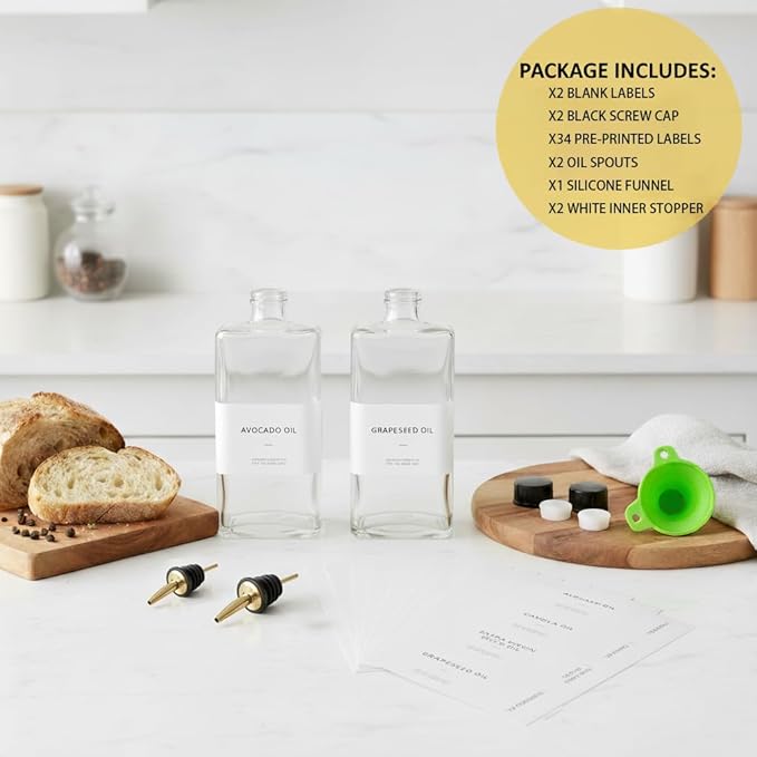 2pk gold oil dispensers: oils, soy, vinegar, syrup. Gold glass preserves, fits kitchens, countertop-ready. Stainless steel pourers: mess-free, versatile, space-saving.