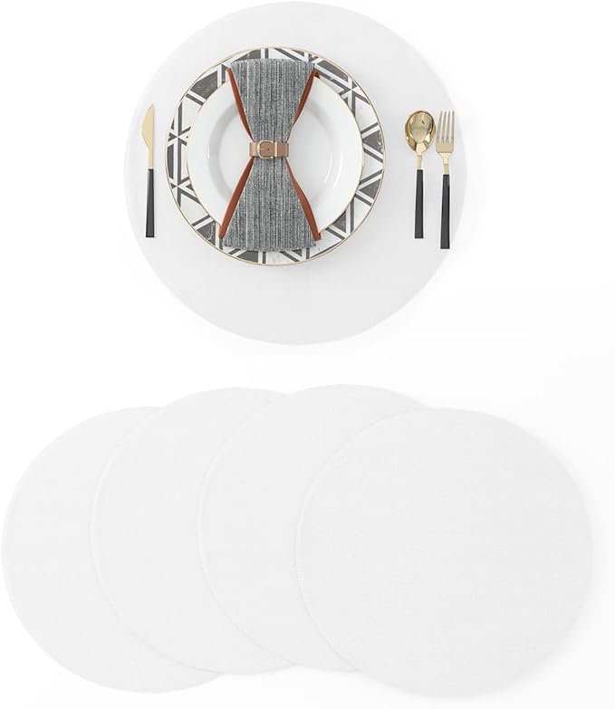 4 Pieces Round Placemats 15 Inch Soft Polyester Blended Fabric Handcrafted Machine Washable Indoor & Outdoor Tablemat Pure White