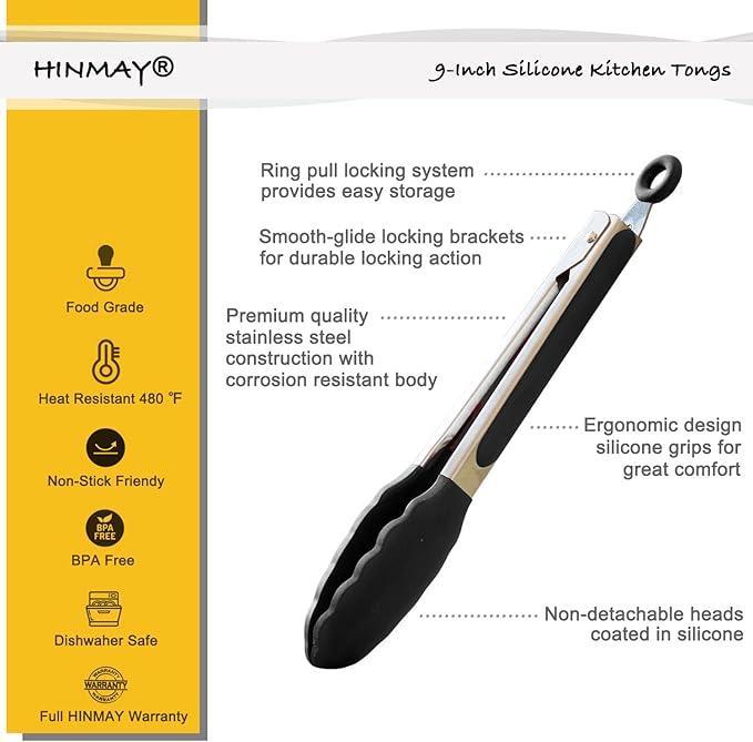 HINMAY Serving Tongs 9-Inch Cooking Tongs with Silicone Tips, Set of 3 (Black)