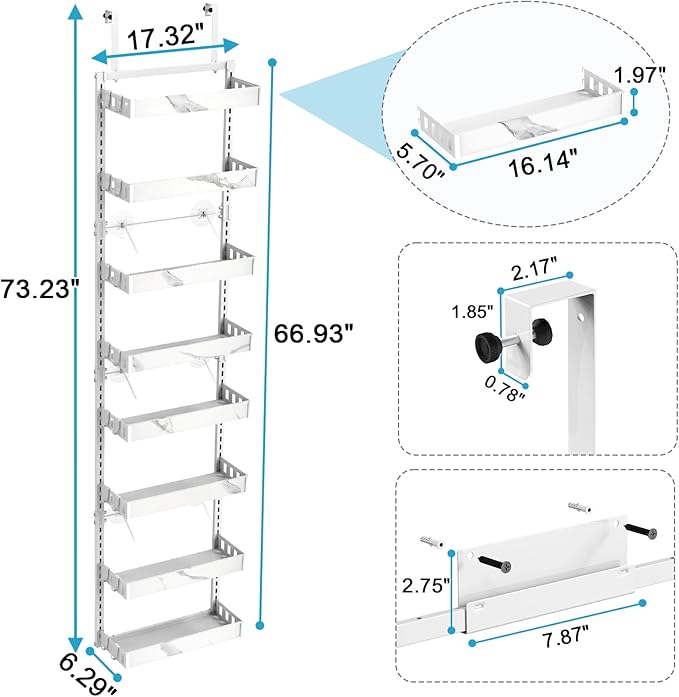 bukfen Over the Door Pantry Organizer, 8-Tier Adjustable Basket Kitchen Pantry Door Organization and Storage, Heavy-Duty Metal Hanging Kitchen Spice Rack, D6.3 x W17.32 x H66.93 inch, 1 Pack
