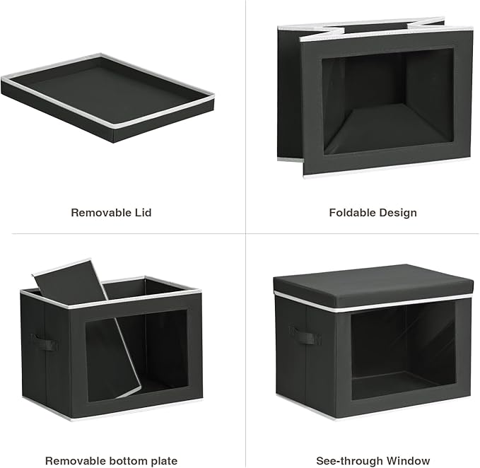Homsorout Storage Boxes with Lids, Collapsible Storage Bins with Handles, Closet Storage Baskets with Window, Fabric Storage Containers for Organizing Clothes, Towels, Books, 3 Packs, Black