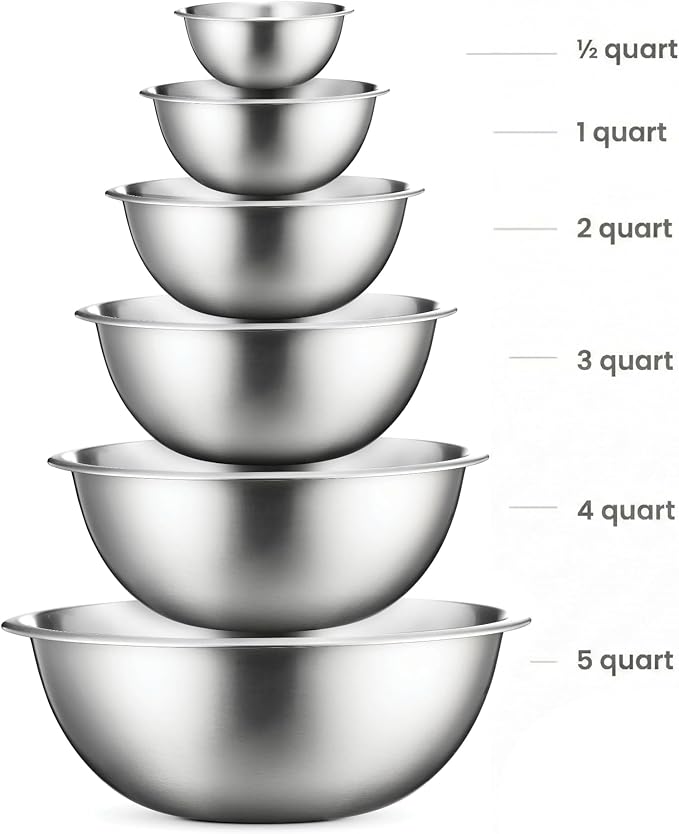 FineDine Stainless Steel Mixing Bowls Set, Dishwasher Safe, 6 Piece Metal Mixing Bowls For Kitchen, Nesting, Large, Small, Big Food Prep, Cooking, Baking