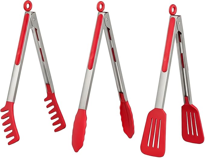 HST Tongs for Cooking with Silicone Tips(3 Pack), Non Stick Kitchen Tongs with Silicone Tip for Cooking BBQ Baking (12", Red)