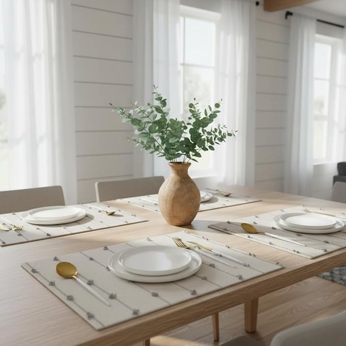 Boho Placemats 13 x 19 Inch Set of 4 for Dining Table Decor Woven Cloth Place Mats for Farmhouse Rustic Kitche Spring Home Decor Cotton Placemats Gray and Beige Table Mats
