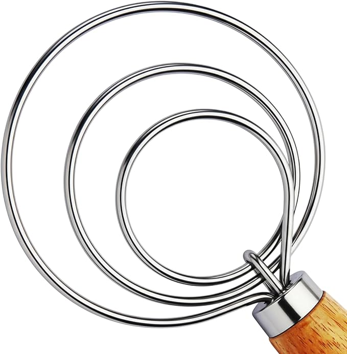 TEEVEA Danish Dough Whisk for Bread Sourdough, Wooden Handle & Stainless Steel Hook