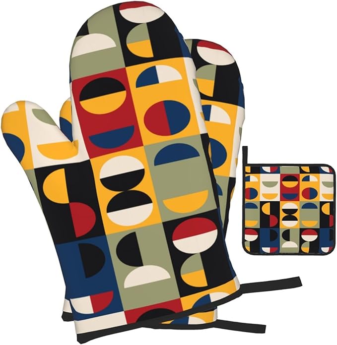 Retro Mid Century Modern Oven Mitts and Pot Holders Set Vintage Decorative Heat Resistant Microwave Oven Gloves for BBQ Baking Grilling Cooks Kitchen Decor 3 Piece