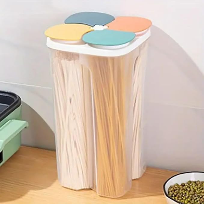 Airtight Cereal Storage Container, Clear 4 Grid Grain Storage Tank Food Storage Container with Lids Noodle Storage Box for Grain, Nuts,Rice, Candy, Snacks(Dark Colored Lid, 2.3L)