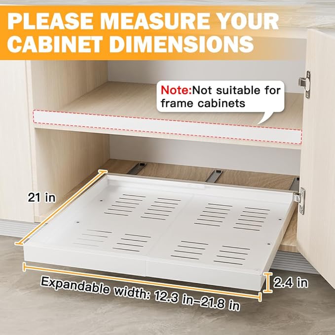 2 Pack Pull Out Cabinet Organizer, 21" Deep Expandable (12.1"-20.4") Slide Out Drawer, 3 Slide Rails Sliding Drawers for Cabinets, Roll out Shelves For Kitchen, Bathroom, Pantry Storage, White
