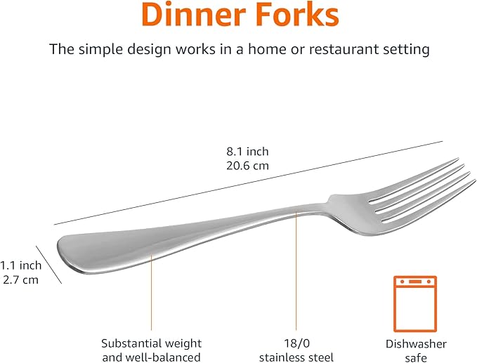 Amazon Basics Stainless Steel Dinner Forks with Round Edge, 10 Pack of 12, 120 count total, Silver