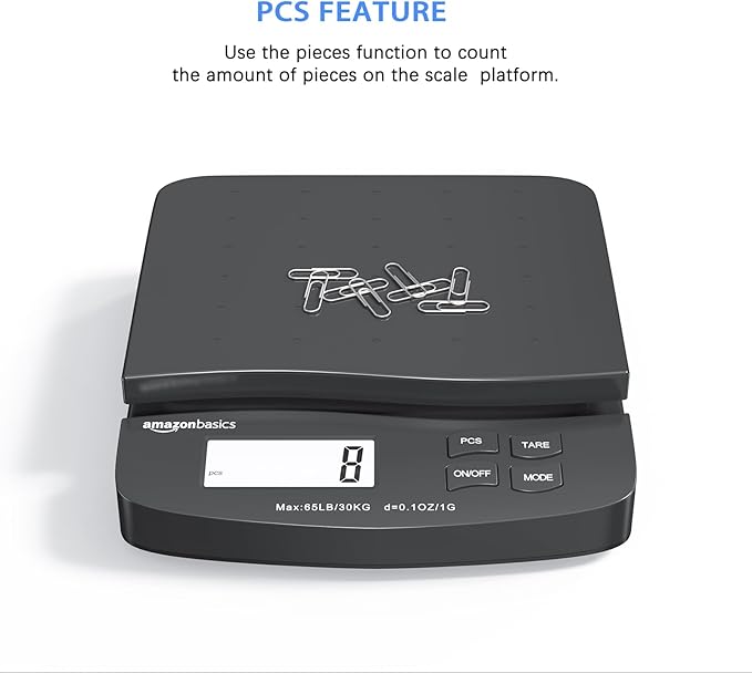 Amazon Basics Digital Postal Shipping Scale with Tare Function, AC Adapter, 65 lb Capacity, 0.1 oz Readability, LCD Display, Black