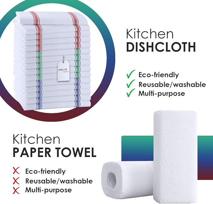 Avalon Kitchen Dish Towels Set (Value Pack of 15) Size 15x25 Inch, 100% Cotton Soft & Absorbent Kitchen Towels, Tea Towels, Reusable Cleaning Cloths for Household Cleaning (Multi)
