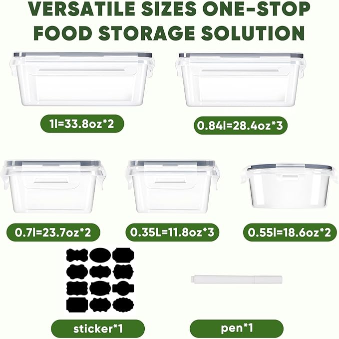24-Piece PVC-Free BPA-Free Food-Grade Plastic Kitchen Set (12 Containers + 12 Lids), Leakproof Airtight Reusable Meal Prep & Food Storage Containers, Microwave and Dishwasher Safe