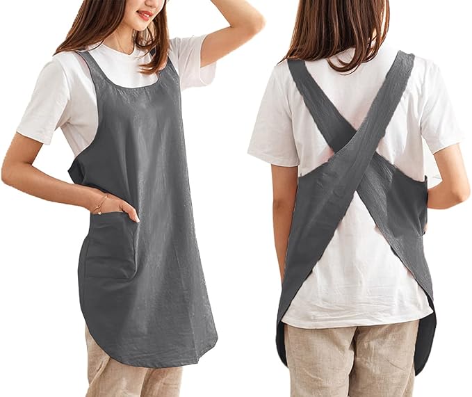 Cotton Cross Back Aprons Solid Color Cooking Kitchen Garden Smock for Women Girls with Pockets
