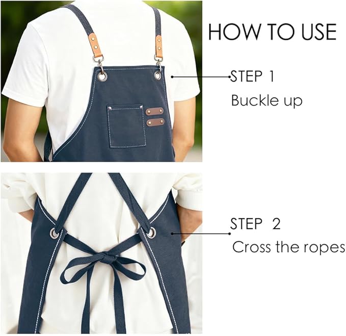 Chef Apron for Women Men with Pockets, Cotton Canvas Cross Back Adjustable Gardening Apron
