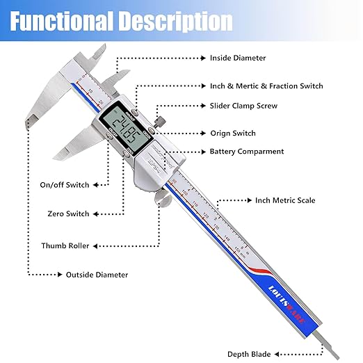 Digital Caliper Measuring Tool, IP54 Waterproof Electronic Digital Micrometer Caliper, Stainlee Steel Vernier Caliper with Large LCD Screen, Inch Metric Conversion, 6 Inch for Household/DIY