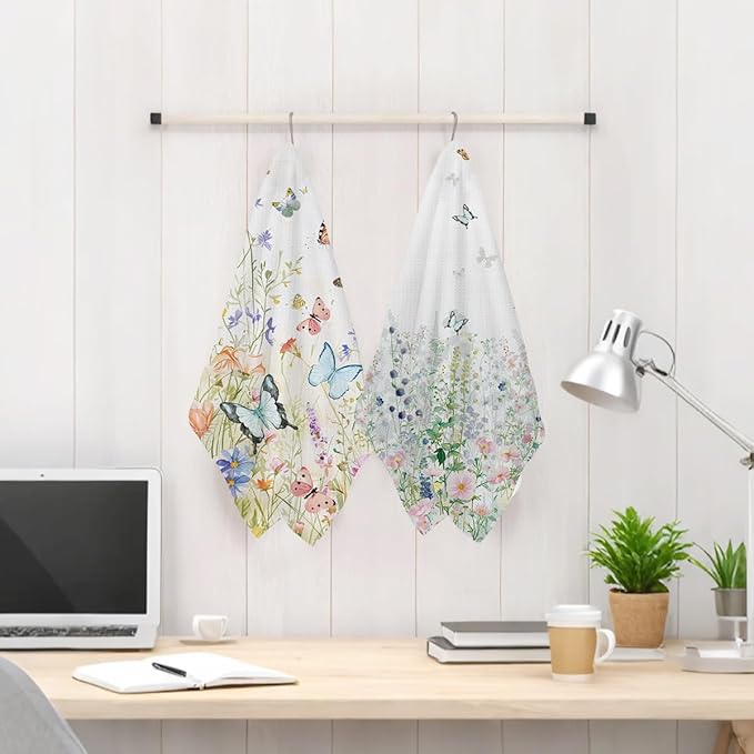 Jztco 2Pcs Butterfly Kitchen Towels, Floral Tea Towel Decorative Reusable Dish Hand Towels Butterfly Gifts for Cleaning Drying Women Mom Housewarming Gifts 14 x 24 Inch Kitchen Home Decor