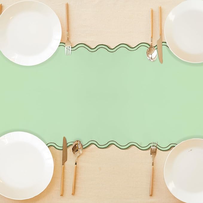 Scalloped Edge Table Runner 70 Inches Preppy Embroidery Edge Table Runner Cute Neutral Rustic Dining Decor for Kitchen(Moss Green,Sage Green)
