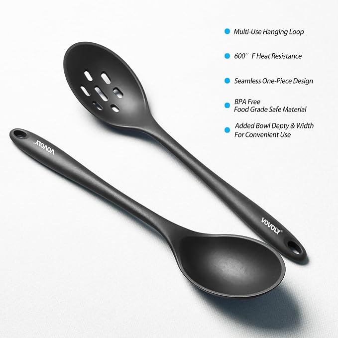Silicone Slotted Spoons for Cooking - Extra Large Kitchen Spoons for Mixing, Serving, & Stirring - 600°F Heat-Resistant Non Stick Utensils Skimmer- Dishwasher Safe, Slotted, Black