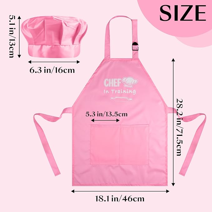 Kids Apron and Chef Hat Set Adjustable Child Aprons with 2 Large Pockets for Girls Boys Cooking Baking Painting Gift