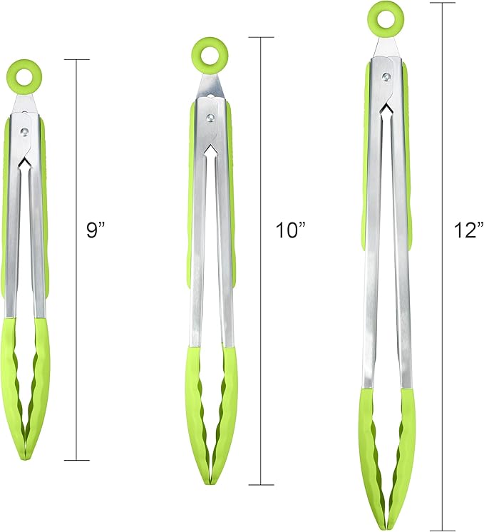 3 Pack Green Kitchen Tongs, Premium Silicone BPA Free Non-Stick Stainless Steel BBQ Cooking Grilling Locking Food Tongs, 9-Inch 10-Inch & 12-Inch