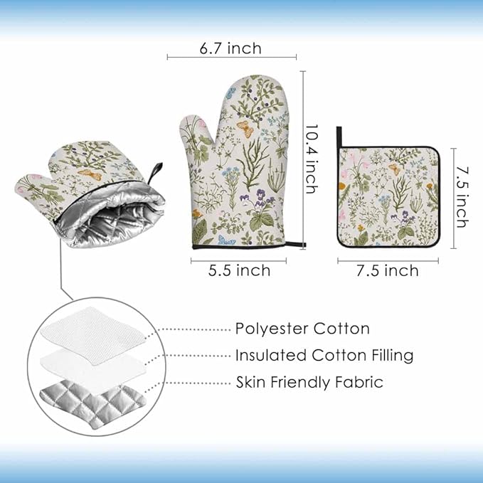 Floral Plant Oven Mitts and Pot Holders Sets Wild Flowers Herbs Heat Resistant 3pcs for Cooking Baking BBQ