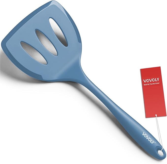 Silicone Pancake Spatula Turner with Lengthened Handle& Seamless Design, Heat Resistant Slotted Flipper for Nonstick Cookware, Large Flexible Kitchen Utensils for Egg, Pancake, Burger, Slotted Blue