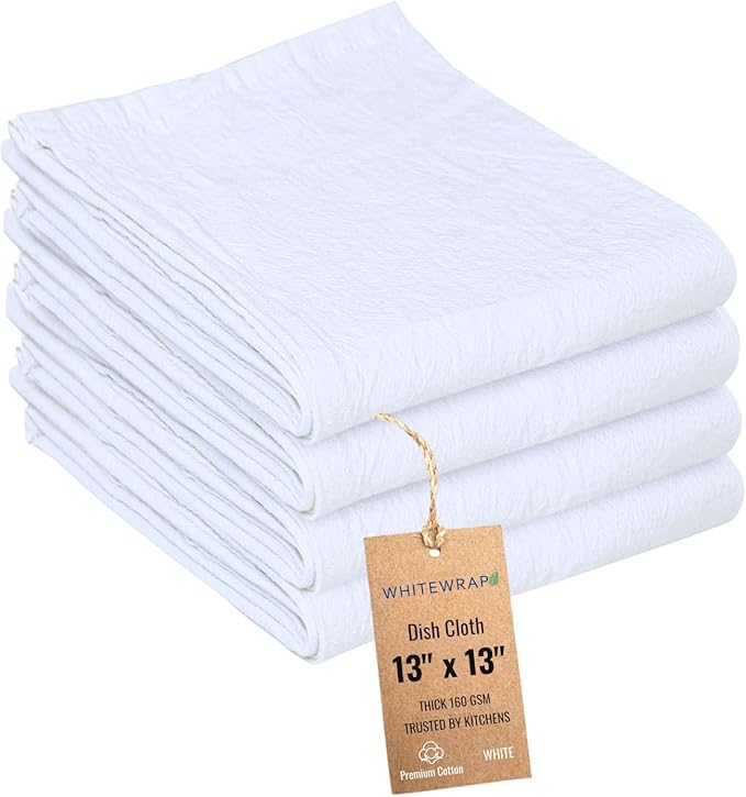 Dish Cloths Cotton| Kitchen Wash Cloth| Shop Towels Absorbent and Lint Free Flour Sack| Dishcloths for Kitchen Washing Dishes|Thick Absorbent Quick Dry Dish Rags | 4 Pack 13"x13" White
