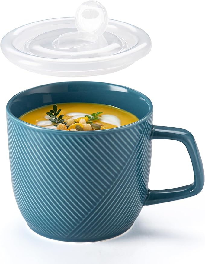 Ceramic Soup Bowl with Lid & Handle: 32 oz Microwave Safe Food Container for Ramen Noodles Cereal Leftovers - Extra Large Mugs for Breakfast Lunch Picnic Camping - Sky Blue, Set of 1