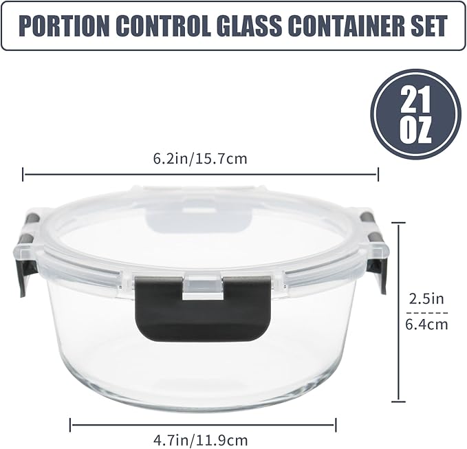 6 Pack Glass Food Storage Containers with Lids, Ideal for Meal Prep, Leftovers, Freezer to Microwave Safe (Grey, 21oz)
