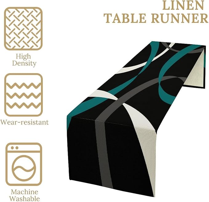Abstract Geometric Table Runner Dark Teal Grey and White Striped Black Background Modern Kitchen Dinner Runner for Indoor Home Living Room Party Dining Table Decoration 13"x70"
