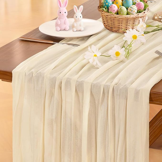 Socomi 2pcs Beige Easter Spring Cheesecloth Table Runner Boho Rustic Gauze 120 inch 10FT Cheese Cloth Runner for Wedding Party Baby Shower Birthday Home Decor Holiday Decorations