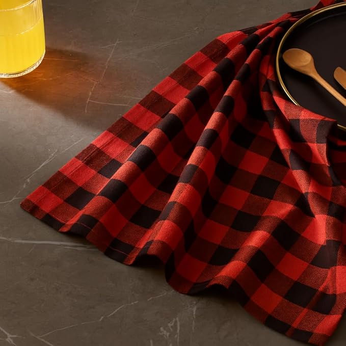 Cloth Napkins Set of 12, 100% Cotton Dinner Napkins 18x18 Inch, Soft Absorbent Gingham Check Napkin for Restaurant, Table Décor, Reusable Washable for Everyday Use - Red/Black