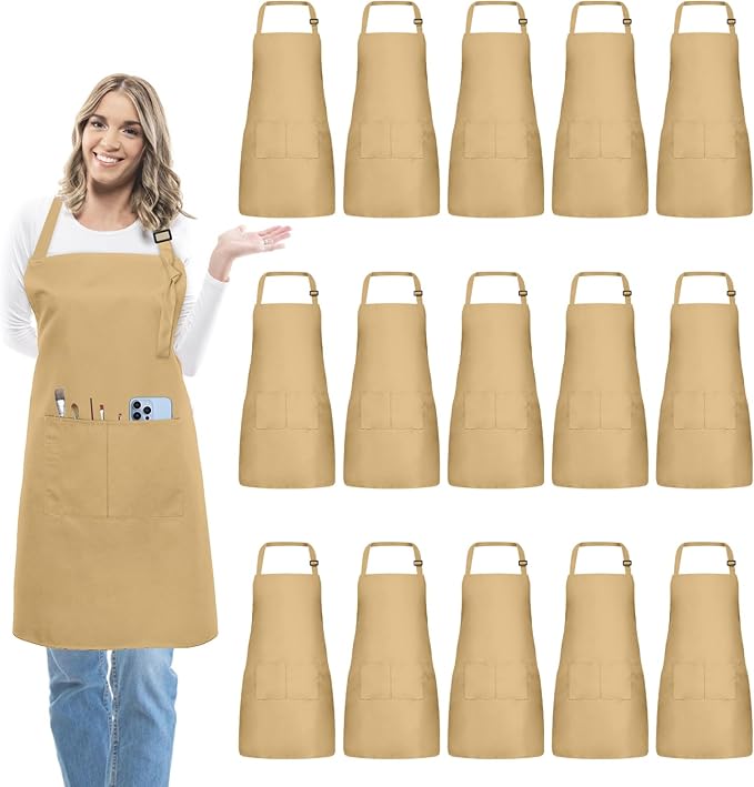 15 Pcs Adult Aprons Bulk with Pockets Adjustable Bib Chef Apron for Women Men Painting Cooking Crafting (S/L)