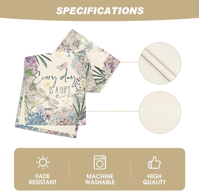 Artoid Mode Every Day is A Gift Dragonfly Hydrangea Spring Table Runner, Seasonal Summer Kitchen Dining Table Decoration for Home Party Decor 13x72 Inch