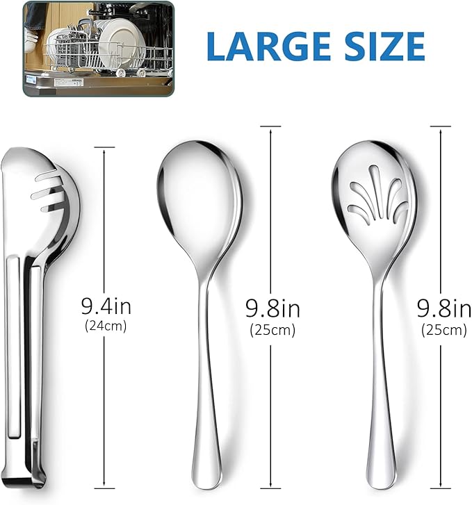Stainless Steel Metal Serving Utensils - Large Serving sets-10" Spoons, 10" Slotted Spoons and 9" Tongs by Teivio (Silver, Set of 12)
