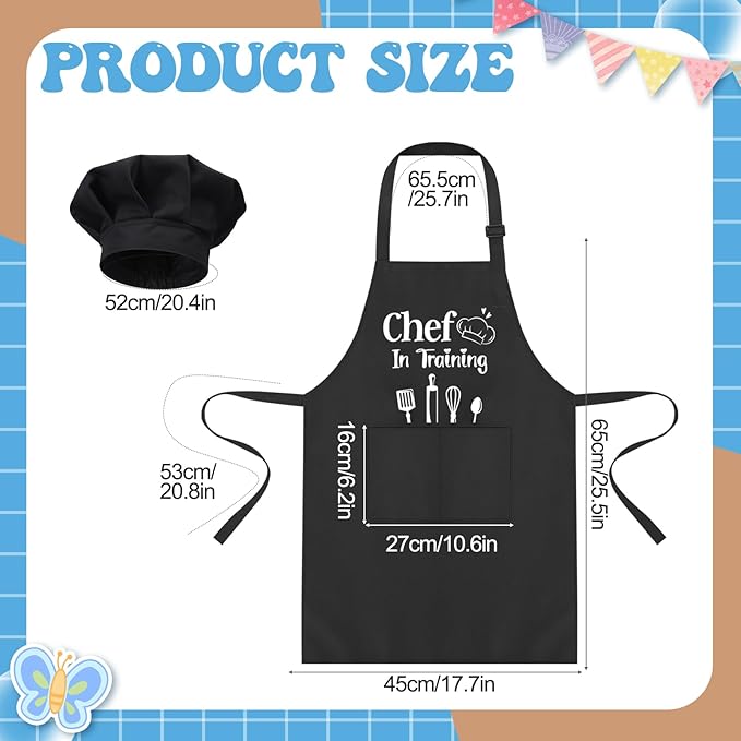 2 Pack Kids Apron and Chef Hat Adjustable Kitchen Cooking Apron with Pockets Kids Funny Apron for Girls Boys