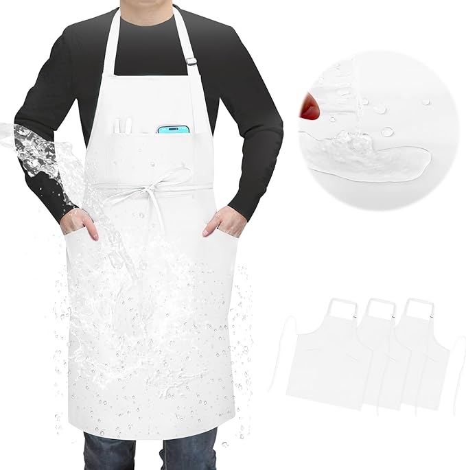 SHEOMERN 3 Pcs Dual Waterproof Oilproof Kitchen Chef Aprons with 4 Pockets for Men Women, Adjustable Soft Anti-Tear Cooking Bib Apron for Baking Grilling BBQ Painting Cleaning (White)