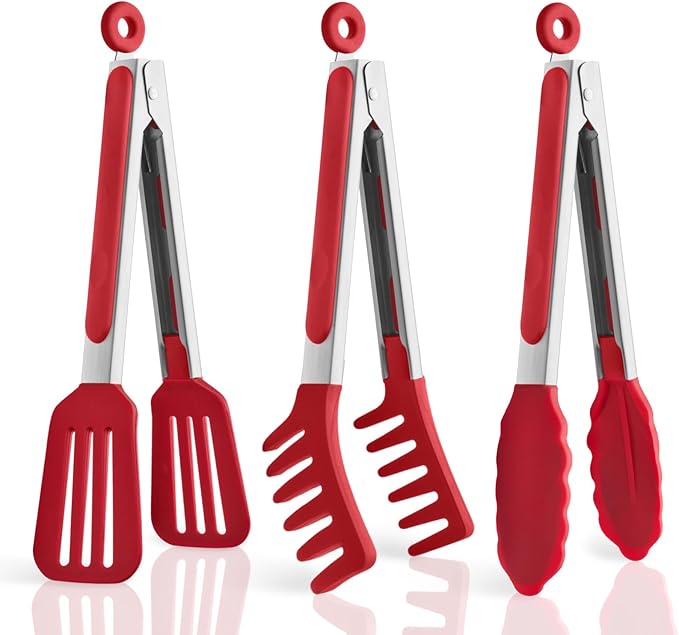 3 Pack Silicone Tongs for Cooking,Maywe Tanso 9 Inch Cooking Kitchen Tongs with Silicone Tips,Nonstick Stainless Steel Tongs for Steak Pie Pizza Pasta Spaghetti Salad BBQ Buffet