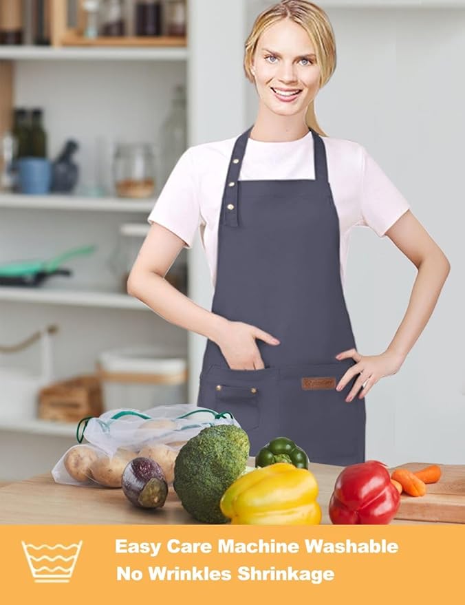 Kitchen Cooking Apron for Women Men with Big Pockets Canvas Waterproof Aprons for Server Pottery Artist Chef Apron