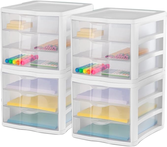 Sterilite ClearView Compact Stacking 3 Drawer Storage Organizer System, (8 Pack)