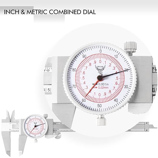 PECtools 6 Inch Dial Caliper, DIN 862 Double Dial Inch/Metric Combined Caliper, 0-150mm, 0.001"/0.02mm Resolution, Shock & Oil Resistant, with Case
