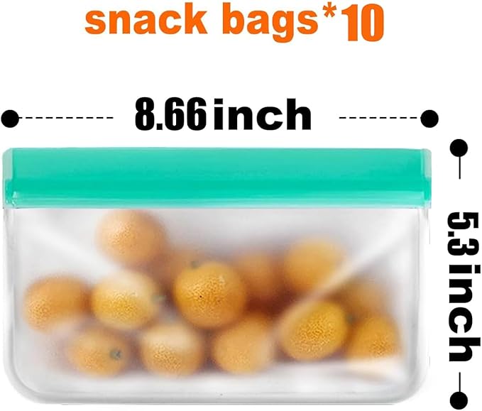 10 Pack Reusable Silicone Food Storage Bags - Leakproof Freezer Bags for Sandwich & Snack - BPA Free, Dishwasher Safe Eco-friendly Lunch Bags for Marinating Meat, Fruit, Travel | 8.6"W × 5.3"H