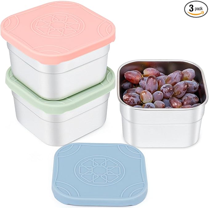 Caperci 3-Pack Stainless Steel Snack Containers with Silicone Lids - 8oz Leak-Proof Small Food Containers for Snacks Condiments - Large Salad Dressing Containers, Reusable & BPA-Free