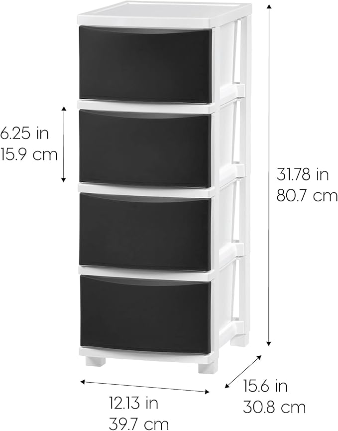 IRIS USA Plastic Drawer Storage Organizer, 4-Drawers, for Classroom Art Supplies Bathroom Dorm Bedroom Laundry Room, Slim Narrow, White Frame with Matte Black Front Panels